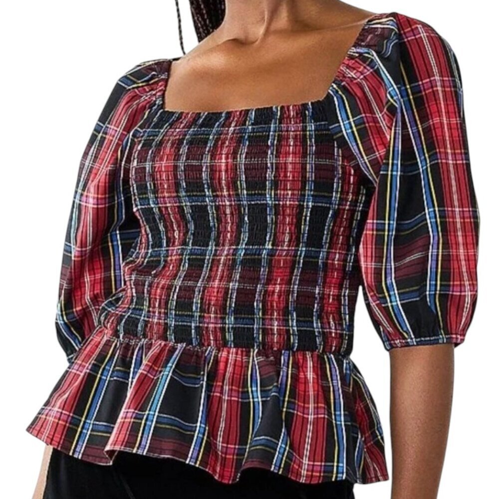 Draper James RSVP Plaid Smocked Peplum Top XL Red Tartan Holiday Party Christmas - Picture 1 of 5